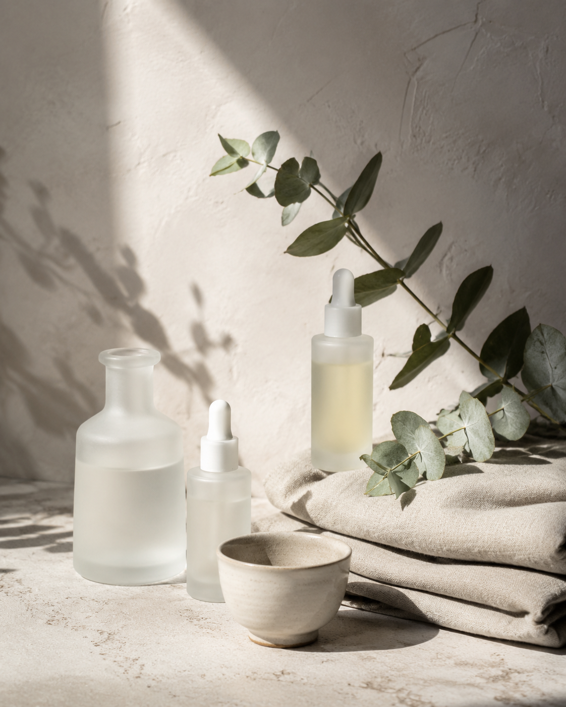 Aromatic oils arranged in soft natural light