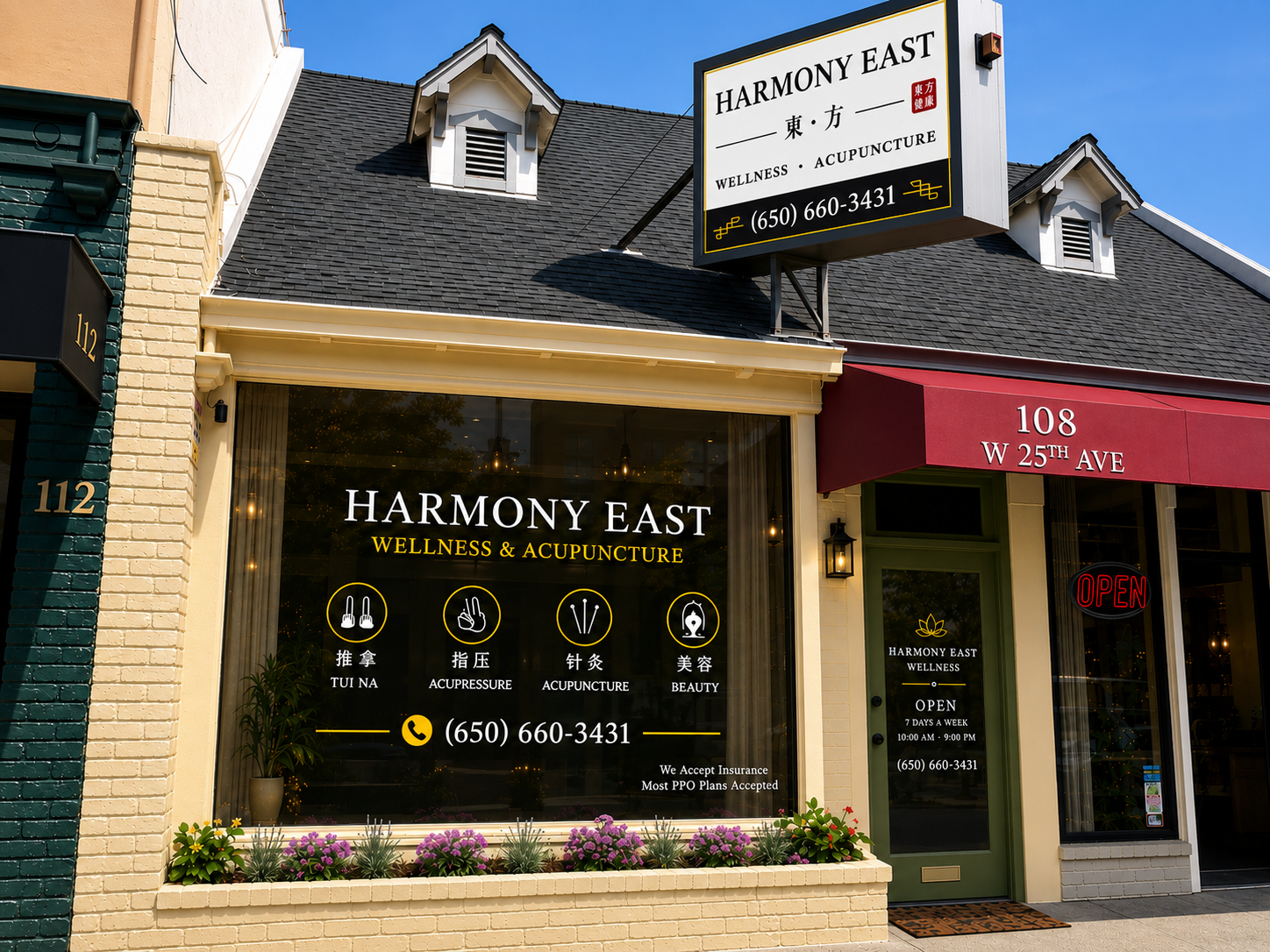 Harmony East Wellness and Acupuncture storefront at 108 West 25th Avenue