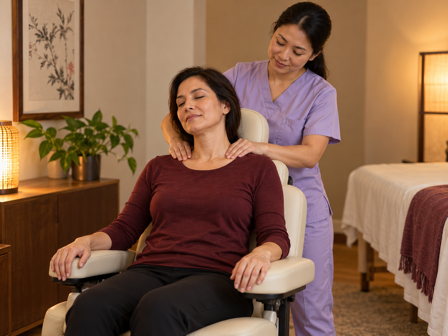 A seated client receiving focused neck and shoulder care in a comfortable treatment chair