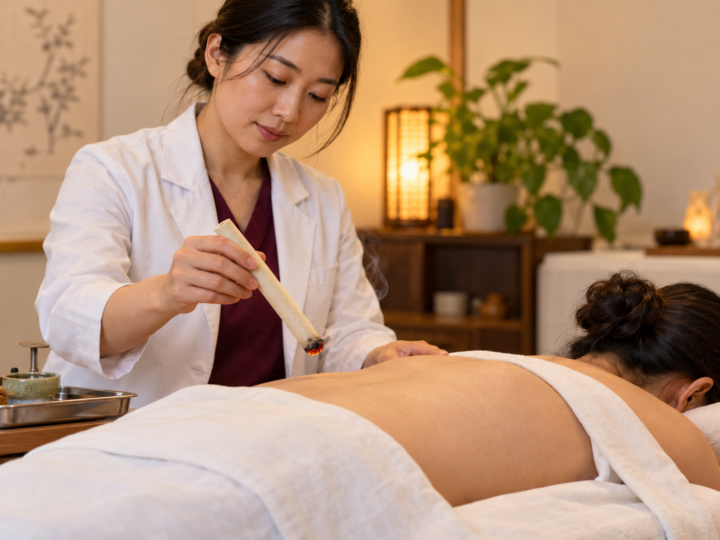 A practitioner holding a moxa stick safely above a client's back during indirect moxibustion